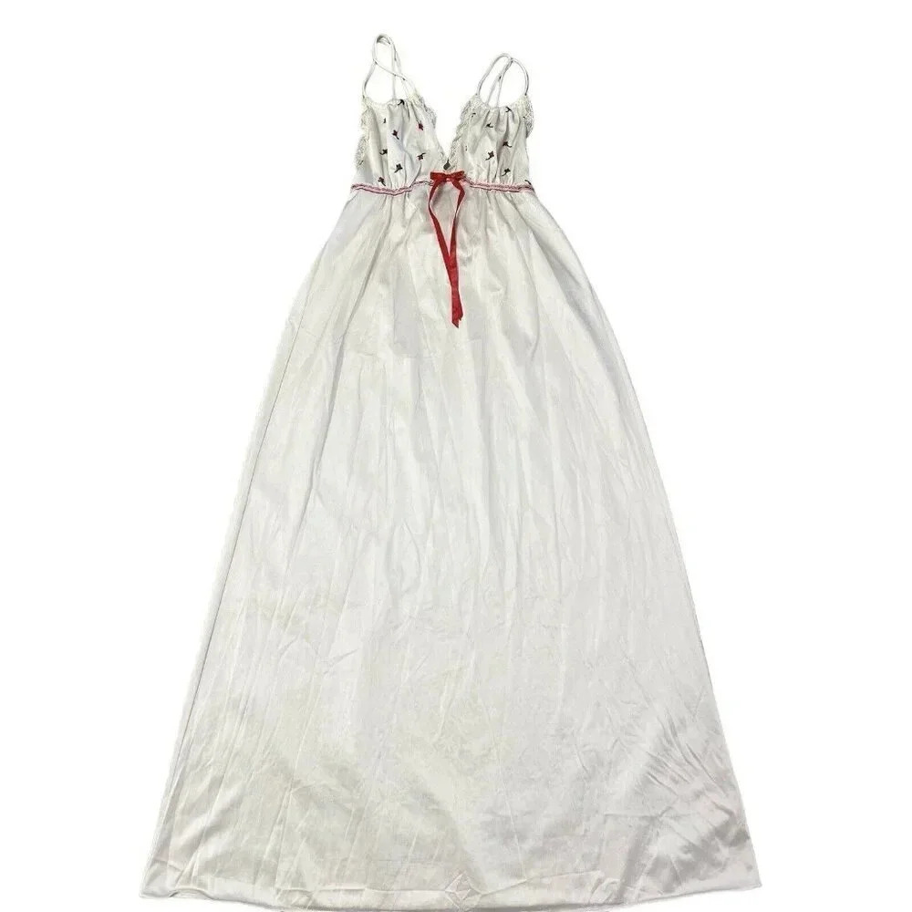Vtg Long Nightgown Nylon Lingerie Feminine Sissy Lolita Flower Embroidered Small - Picture 6 of 16
